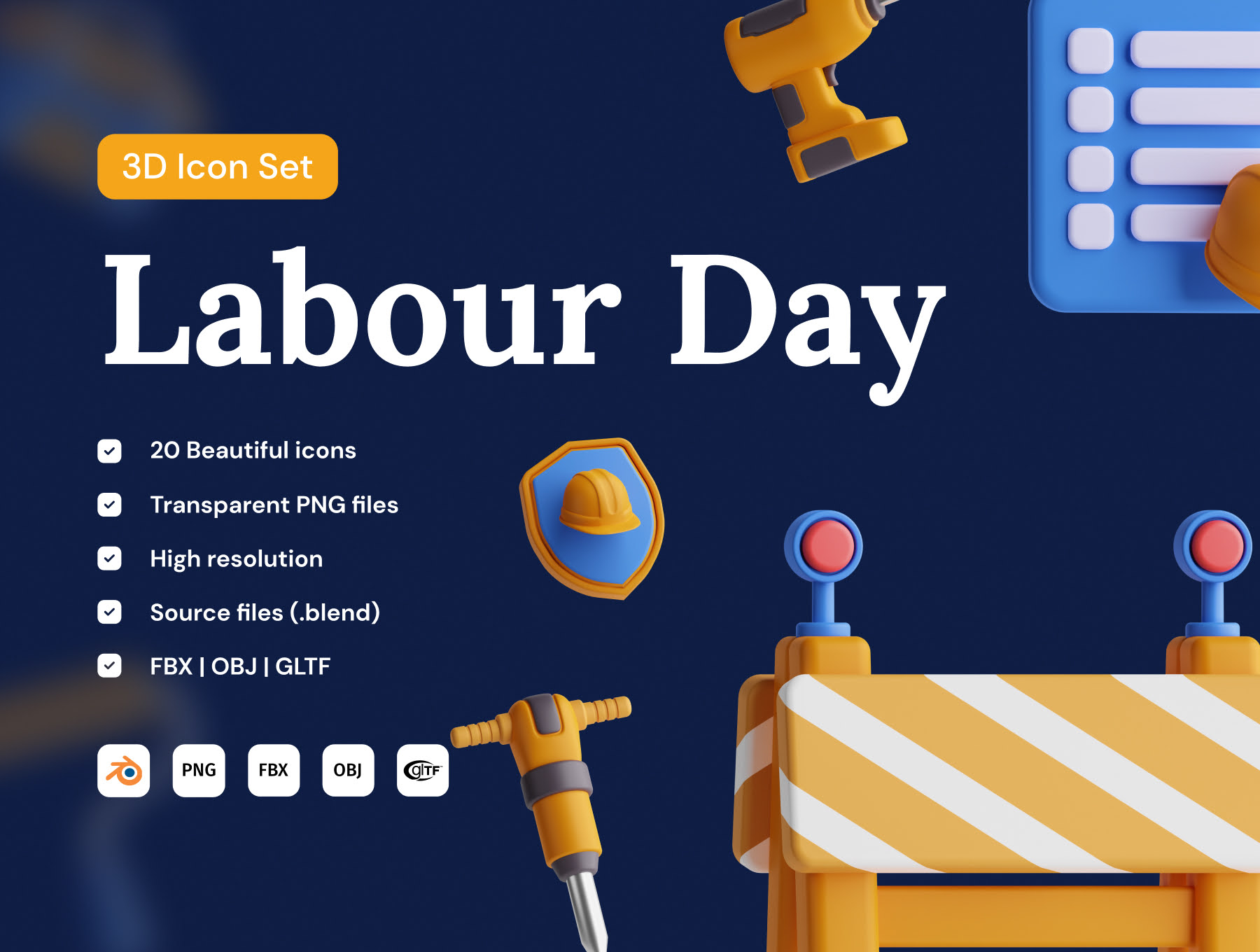 劳动节3D图标套装 Labour Day 3D Icon Set blender, fbx, obj, gltf格式-3D/图标-到位啦UI